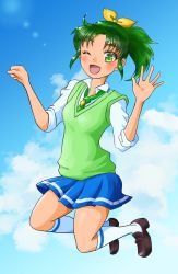 Rule 34 | 1girl, arms up, blush, bow, cloud, cloudy sky, green eyes, green hair, hair ornament, highres, jumping, kneehighs, kumakko jardin, midorikawa nao, one eye closed, open mouth, ponytail, precure, short hair, sky, sleeves rolled up, smile, smile precure!, socks, vest