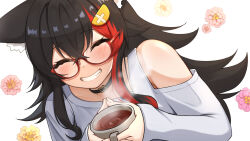 Rule 34 | 1girl, ^ ^, animal ears, black hair, blush, clenched teeth, closed eyes, coffee, commentary, cup, floral background, flower, glasses, highres, holding, holding cup, hololive, long hair, long sleeves, micon, multicolored hair, ookami mio, ookami mio (casual), red-framed eyewear, red hair, shirt, solo, steam, streaked hair, symbol-only commentary, teeth, upper body, virtual youtuber, white background, white shirt, wolf ears
