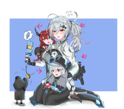 Rule 34 | 1other, 3girls, aged down, ahoge, arknights, black background, black dress, black footwear, black headwear, black pants, blue background, boots, breasts, carrying, carrying under arm, chinese commentary, collared shirt, commentary request, demon horns, doctor (arknights), dress, fang, fishnet legwear, fishnets, flying sweatdrops, food, highres, holding, holding stuffed toy, hood, hooded coat, horns, long sleeves, medium breasts, multiple girls, official alternate costume, open mouth, originium (arknights), pants, partial commentary, ponytail, popsicle, purple eyes, rattle, red hair, seiza, shirt, sitting, sizhe, skadi (arknights), sleeves past wrists, specter (arknights), specter (undercurrent) (arknights), speech bubble, stuffed animal, stuffed orca, stuffed shark, stuffed toy, surtr (arknights), thought bubble, two-tone background, white shirt