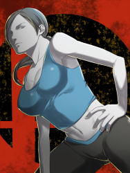 Rule 34 | 1girl, bare shoulders, breasts, cleavage, colored skin, grey eyes, grey hair, hand on own hip, ichijiku nana, lips, long hair, looking down, midriff, navel, nintendo, ponytail, serious, solo, spandex, super smash bros., tank top, white skin, wii fit, wii fit trainer, wii fit trainer (female)