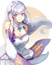 Rule 34 | 1girl, absurdres, bare shoulders, blue eyes, blunt bangs, braid, breasts, brown background, cleavage, closed mouth, commentary request, detached sleeves, dress, emilia (re:zero), flower, hair flower, hair ornament, highres, long hair, looking at viewer, m.tokotsu, medium breasts, partial commentary, pointy ears, purple eyes, re:zero kara hajimeru isekai seikatsu, smile, solo, two-tone background, white background, white dress, white flower, white hair, white sleeves, wide sleeves