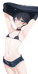 Rule 34 | 1girl, armpits, arms up, bare shoulders, bikini, black bikini, black choker, black hair, black shirt, black survival, blue eyes, blue shorts, breasts, choker, cowboy shot, cutoffs, denim, denim shorts, earrings, eternal return: black survival, grin, halterneck, highres, jewelry, looking at viewer, micro bikini, micro shorts, navel, one eye closed, open fly, shirt, short hair, shorts, silvia piquet, simple background, small breasts, smile, solo, stomach, string bikini, stud earrings, sweat, swimsuit, takealook, thighs, undressing, white background