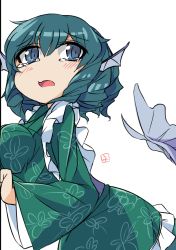 Rule 34 | 1girl, blue eyes, blue hair, breast press, breasts, drill hair, fins, fun bo, head fins, japanese clothes, kimono, large breasts, looking at viewer, matching hair/eyes, mermaid, monster girl, open mouth, short hair, solo, tears, touhou, wakasagihime, white background