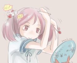 Rule 34 | 10s, 1girl, adjusting hair, animal, animal on head, arms up, bad id, bad pixiv id, rabbit, rabbit on head, hair bobbles, hair ornament, hina (bird salty), kantai collection, looking at mirror, mirror, o o, on head, pink background, pink eyes, pink hair, sazanami (kancolle), school uniform, serafuku, short hair, short sleeves, simple background, smile, solid circle eyes, solo, twintails, white background