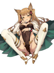 Rule 34 | 10s, 1girl, :q, absurdres, animal ears, arm warmers, black leotard, blunt bangs, boots, breasts, brown eyes, brown hair, cape, capelet, collar, covered navel, eredhen, erune, fingernails, fox ears, granblue fantasy, green cape, headgear, high heel boots, high heels, highleg, highleg leotard, highres, knees up, legs apart, leotard, long hair, looking at viewer, matching hair/eyes, medium breasts, metera (granblue fantasy), mole, mole under mouth, nail polish, parted lips, pink nails, sidelocks, simple background, skin tight, solo, squatting, strapless, strapless leotard, teeth, thigh boots, thighhighs, tongue, tongue out, twintails, white background, white cape, white footwear, white thighhighs