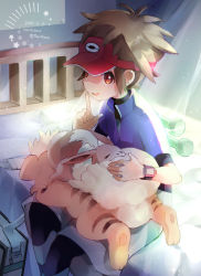 Rule 34 | 1boy, artist name, bag, blue jacket, brown hair, cocoloco, commentary request, creatures (company), dated, eevee, finger to mouth, game freak, gen 1 pokemon, growlithe, indoors, jacket, light beam, looking at viewer, nate (pokemon), nintendo, on bed, on lap, open mouth, pokemon, pokemon (creature), pokemon bw2, pokemon on lap, red eyes, red headwear, short sleeves, sitting, smile, tongue, visor cap