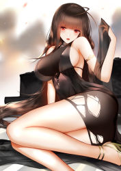 Rule 34 | 1girl, absurdres, ahoge, an yasuri, armlet, ass, bad id, bad pixiv id, black panties, black shawl, blunt bangs, blush, breasts, brown hair, cleavage, commentary, dress, dsr-50 (girls&#039; frontline), eyes visible through hair, girls&#039; frontline, gold footwear, grey background, hair between eyes, hand up, high heels, highres, large breasts, long hair, looking at viewer, official alternate costume, open mouth, panties, red eyes, see-through, shawl, sideboob, sitting, smile, solo, thighs, torn clothes, torn dress, two-tone background, underwear, very long hair, white background