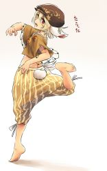 Rule 34 | 1girl, :d, animal ears, arm up, baggy pants, barefoot, blonde hair, blush, brown hat, brown shirt, crop top, feet, flat cap, floppy ears, from behind, full body, hair between eyes, hat, highres, leg up, looking back, open mouth, pants, rabbit ears, rabbit tail, red eyes, ringo (touhou), running, shirt, short hair, sketch, smile, soles, solo, tail, text focus, tiptoes, touhou, translation request, yellow pants, yudepii