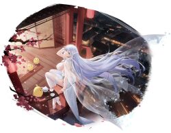 Rule 34 | 1girl, albion (azur lane), albion (scent of pring in the red-pavilion) (azur lane), albion (scent of spring in the red pavilion) (azur lane), animal, arm support, azur lane, bird, blue eyes, blue hair, bracelet, branch, breasts, bug, butterfly, carpet, cup, dress, fingernails, garter straps, hair ornament, hand up, highres, insect, jewelry, large breasts, long hair, looking at viewer, manjuu (azur lane), ng jie, night, official art, outdoors, petals, pointy ears, see-through, sitting, teacup, teapot, thighhighs, thighs, tray, white dress, wooden floor