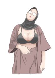 Rule 34 | 1girl, breasts, cleavage, female focus, glasses, hijab, huge breasts, no shirt, open clothes, robe, simple background, white background