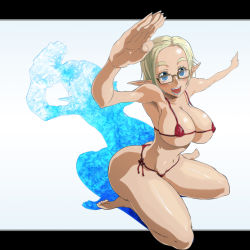 Rule 34 | 1girl, ass, bikini, blonde hair, blue eyes, breasts, cleavage, commentary request, elf, fang, forehead, glasses, large breasts, miyacchi (tatakituke), original, pointy ears, short hair, solo, swimsuit, thong