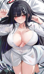 Rule 34 | 1girl, absurdres, barefoot, black hair, blue archive, breasts, cleavage, closed mouth, hair ornament, halo, highres, large breasts, long hair, long sleeves, looking at viewer, lshiki, lying, on back, partially unbuttoned, red eyes, rio (blue archive), shirt, solo, thighs, white shirt