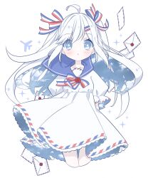 Rule 34 | 1girl, :o, ahoge, arms behind back, blue bow, blue bowtie, blue eyes, blue sailor collar, blue sky, blush, bow, bowtie, cloud, cloudy sky, collarbone, cropped legs, double exposure, dress, envelope, floating hair, hair ribbon, highres, kuzuhara kazuya, legs together, long hair, looking at viewer, multicolored bowtie, open mouth, original, pleated dress, puffy short sleeves, puffy sleeves, red bow, red bowtie, ribbon, sailor collar, sailor dress, short sleeves, sidelocks, sky, solo, star-shaped pupils, star (symbol), straight-on, striped bow, striped bowtie, striped clothes, swept bangs, symbol-shaped pupils, thigh gap, white dress