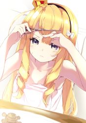 Rule 34 | 1girl, arms up, azur lane, black hairband, blonde hair, blush, bow, collarbone, commentary request, crown, cutting hair, cutting own hair, drill hair, frown, hair bow, hairband, highres, holding, holding hair, holding scissors, long hair, looking at viewer, mini crown, naked towel, purple eyes, queen elizabeth (azur lane), scissors, sidelocks, solo, suwakana, sweatdrop, towel, twin drills, upper body, white bow, white towel