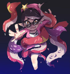 Rule 34 | 1girl, beanie, black hair, black shorts, blouse, callie (splatoon), chinese commentary, commentary request, constricted pupils, cross scar, fangs, frown, hat, hat ornament, inkling, long hair, long sleeves, looking at viewer, looking over eyewear, looking over glasses, madaga (animaofmoon), mole, mole under eye, nintendo, open clothes, open mouth, open shirt, pink hat, pink shirt, pointy ears, reaching, reaching towards viewer, restrained, scar, scared, shirt, shorts, solo, splatoon (series), splatoon 2, star (symbol), star hat ornament, sunglasses, symbol-shaped pupils, tearing up, tentacle hair, tentacles, tinted eyewear, white shirt