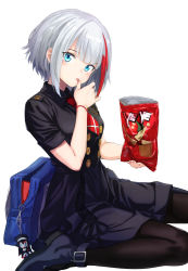 Rule 34 | 1girl, admiral graf spee (azur lane), admiral graf spee (girl&#039;s sunday) (azur lane), azur lane, bag, bag charm, black dress, black footwear, black pantyhose, blue eyes, blush, boots, bugles (food), charm (object), commentary request, dress, fingernails, head tilt, highres, licking, licking finger, looking at viewer, multicolored hair, nail polish, necktie, pantyhose, pink nails, red hair, red necktie, school bag, short necktie, short sleeves, silver hair, simple background, sitting, solo, streaked hair, tongue, tongue out, tuchinokoeffect, wariza, white background