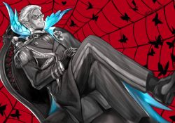 Rule 34 | 1boy, bug, butterfly, chair, crossed legs, facial hair, fate/grand order, fate (series), formal, glasses, gloves, grey hair, greyscale with colored background, insect, izura mari, james moriarty (archer) (fate), leather, long sleeves, male focus, mustache, partially colored, shoes, short hair, solo, spot color