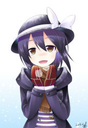 Rule 34 | 10s, 1girl, 2016, aozora market, black hair, bow, breath, brown eyes, cold, dated, female focus, hat, hat bow, looking at viewer, mittens, outdoors, scarf, signature, smile, snow, snowing, solo, touhou, usami renko, winter, winter clothes