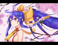 Rule 34 | 1girl, antenna hair, backless outfit, bare shoulders, blazblue, blazblue: central fiction, blazblue variable heart, blue hair, bow, breasts, chaoschao, cherry blossoms, closed mouth, genderswap, genderswap (mtf), hair between eyes, hair bow, halterneck, letterboxed, long hair, mai natsume, no bra, pink eyes, ponytail, ribbon, sideboob, sidelocks, solo, upper body, very long hair, yellow bow