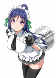 Rule 34 | 10s, 1girl, apron, holding behind back, black necktie, black thighhighs, blue hair, frilled apron, frills, green ribbon, hair ribbon, holding, holding tray, leaning forward, long hair, looking at viewer, love live!, love live! school idol festival, love live! sunshine!!, maid, maid headdress, matsuura kanan, necktie, ponytail, purple eyes, ribbon, short sleeves, sidelocks, simple background, smile, solo, thighhighs, tray, white background, yopparai oni