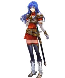 Rule 34 | 1girl, armor, belt, blue eyes, blue hair, boots, breastplate, caeda (fire emblem), dress, elbow gloves, fire emblem, fire emblem: mystery of the emblem, fire emblem heroes, full body, gloves, hakou (barasensou), hand on own chest, highres, knee boots, long hair, looking at viewer, nintendo, official art, pauldrons, short dress, short sleeves, shoulder armor, skirt, smile, solo, standing, sword, thighhighs, transparent background, weapon, white footwear, zettai ryouiki