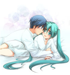 Rule 34 | 1boy, 1girl, :d, aqua eyes, aqua hair, blue eyes, blue hair, blush, closed mouth, collarbone, collared shirt, couple, dress shirt, eye contact, hatsune miku, hetero, jewelry, kaito (vocaloid), long hair, long sleeves, looking at another, lying, naked shirt, on side, open mouth, ring, salovesy, shirt, short hair, sleeves past wrists, smile, twintails, very long hair, vocaloid, wedding ring, white shirt, wing collar