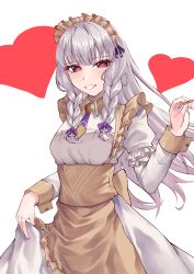 Rule 34 | 1girl, absurdres, apron, bow, braid, breasts, commentary request, cowboy shot, dress, fire emblem, fire emblem: three houses, fire emblem heroes, frills, grey apron, grin, hair bow, heart, highres, juliet sleeves, long hair, long sleeves, looking at viewer, lysithea von ordelia, lysithea von ordelia (tea party), maid, maid headdress, necktie, nintendo, official alternate costume, official alternate hairstyle, puffy sleeves, purple bow, purple necktie, red eyes, small breasts, smile, solo, standing, tapume, twin braids, very long hair, white dress, white hair