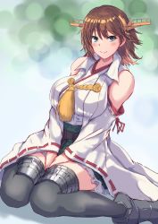 Rule 34 | 1girl, absurdres, boots, breasts, brown hair, detached sleeves, flipped hair, gradient background, green background, green skirt, hairband, headgear, hiei (kancolle), hiei kai ni (kancolle), highres, japanese clothes, kantai collection, kurage ituki, large breasts, looking at viewer, nontraditional miko, plaid, ribbon-trimmed sleeves, ribbon trim, short hair, sitting, skirt, smile, solo, thigh boots, wariza