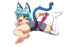 Rule 34 | 1girl, animal ears, bare shoulders, barefoot, blue eyes, blush, cat, cat ears, cat tail, feet, female masturbation, highres, legs, masturbation, original, pussy, sex toy, short hair, soles, solo, tail, thighhighs, toes, vibrator