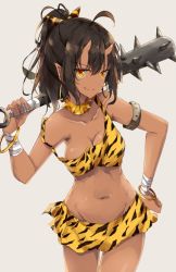Rule 34 | 1girl, ahoge, bad id, bad twitter id, bat (animal), black hair, bracelet, breasts, cleavage, closed mouth, club, club (weapon), collarbone, cowboy shot, dark-skinned female, dark skin, fang, fang out, grey background, hair between eyes, hand on own hip, hip focus, holding, holding weapon, horns, jewelry, kanabou, large breasts, loincloth, looking at viewer, monster girl, navel, oni, oni horns, orange eyes, original, pointy ears, ponytail, shiina kuro, simple background, smile, solo, spiked club, spikes, standing, strap slip, weapon