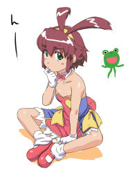 Rule 34 | 1girl, bow, bowtie, brown hair, choker, collarbone, dress, female focus, finger in own mouth, finger sucking, full body, gloves, green eyes, indian style, kintama, looking at viewer, mary janes, renkin san-kyuu magical pokaan, shoes, sitting, solo, strapless, strapless dress, white background, white gloves, yuuma (renkin san-kyuu magical pokaan)