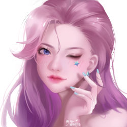 Rule 34 | 1girl, absurdres, aqua nails, blue eyes, commentary request, earrings, hand up, highres, huge filesize, jewelry, k/da (league of legends), league of legends, lips, long hair, makeup, nail polish, one eye closed, pink hair, portrait, seraphine (league of legends), simple background, solo, translation request, white background, yegou