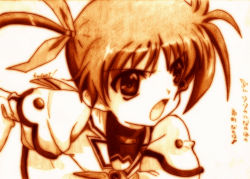 Rule 34 | 10s, 1girl, bad id, bad pixiv id, close-up, female focus, godees, gradient background, highres, lyrical nanoha, mahou shoujo lyrical nanoha, mahou shoujo lyrical nanoha the movie 1st, monochrome, open mouth, solo, takamachi nanoha, traditional media, white background