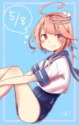 Rule 34 | 1girl, ahoge, artist logo, blue background, split mouth, feet out of frame, hair ornament, highres, i-58 (kancolle), kantai collection, looking at viewer, ma rukan, neckerchief, necktie, pink eyes, pink hair, pink neckwear, sailor collar, sailor shirt, school swimsuit, school uniform, serafuku, shirt, short hair, smile, solo, swimsuit, swimsuit under clothes