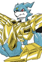 armor blue_skin colored_skin digimon digimon_(creature) dragon gold_armor gold_helmet helmet highres holding holding_helmet laser_(akirawai) magnamon shoulder_armor simple_background unworn_headwear unworn_helmet upper_body white_background