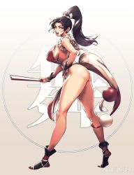 Rule 34 | 1girl, ass, breasts, brown eyes, brown hair, fatal fury, full body, high ponytail, highres, japanese clothes, large breasts, long hair, looking at viewer, looking back, orushibu, pelvic curtain, ponytail, revealing clothes, shiranui mai, sideboob, smile, snk, solo, the king of fighters, thick thighs, thighs