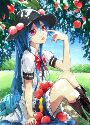 Rule 34 | 1girl, :p, akanbe, bad id, bad pixiv id, blue hair, boots, daiji pt, eyelid pull, female focus, food, fruit, hat, hinanawi tenshi, long hair, peach, puffy sleeves, red eyes, short sleeves, sitting, smile, solo, thighs, tongue, tongue out, touhou, tree, tree shade, very long hair