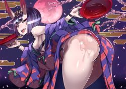 Rule 34 | 1girl, alcohol, ass, bad id, bad twitter id, bent over, breasts, cup, egasumi, eyebrows, fang, fangs, fate/grand order, fate (series), food, fruit, full moon, hair ornament, horns, japanese clothes, kimono, looking at viewer, looking back, moon, nuezou, oni, purple eyes, purple hair, red moon, sakazuki, sake, short hair, shuten douji (fate), shuten douji (first ascension) (fate), sideboob, small breasts, smile, solo, teeth, thighs, tongue, tongue out