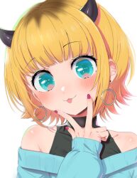 Rule 34 | 1girl, :3, bare shoulders, blonde hair, blue eyes, blush, earrings, highres, horns, jewelry, looking at viewer, mem-cho, multicolored hair, oshi no ko, ransusan, roots (hair), shiny skin, short hair, simple background, smile, solo, sweater, tongue, tongue out, w, white background