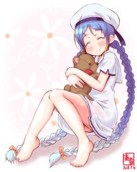 Rule 34 | 1girl, alternate hairstyle, artist logo, barefoot, blue hair, braid, closed eyes, commentary request, dated, dress, full body, gradient hair, happy, hat, highres, kanon (kurogane knights), kantai collection, long hair, low twintails, multicolored hair, pink background, sailor dress, sailor hat, samidare (kancolle), simple background, smile, solo, stuffed animal, stuffed toy, swept bangs, teddy bear, twin braids, twintails, very long hair, white background, white dress, white hat