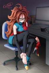 Rule 34 | 1girl, ahoge, android 21, artist name, barefoot, black-framed eyewear, black nails, black pantyhose, blue eyes, boots, breasts, brown hair, chair, checkered clothes, checkered dress, commentary, dated, detached sleeves, dragon ball, dragon ball fighterz, dragonball z, dress, earrings, feet, glasses, hand on own foot, high heels, highres, holding, holding shoes, hoop earrings, indoors, jewelry, karoine, large breasts, long hair, nail polish, office, office chair, pantyhose, shoes, unworn shoes, signature, sitting, swivel chair, thighs, tile floor, tiles, toenail polish, toenails, toes