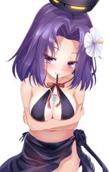 Rule 34 | 10s, 1girl, bendy straw, bikini, black bikini, blush, breasts, bust cup, cleavage, crossed arms, drinking straw, female focus, halo, headgear, highres, kantai collection, large breasts, looking at viewer, mechanical halo, mouth hold, navel, purple hair, sarong, short hair, side-tie bikini bottom, simple background, smile, solo, swimsuit, tatsuta (kancolle), white background, yuzu modoki