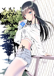 Rule 34 | 1girl, ass, black hair, blouse, blue eyes, blush, bottle, chain-link fence, commentary request, crop top, cutoffs, denim, denim shorts, drinking, fence, from side, hair ornament, hairclip, highres, kobayashi chisato, pantyhose under shorts, long hair, looking at viewer, midriff, original, outdoors, pantyhose, railing, shirt, shorts, sitting, solo, thighs, tree, water bottle, white pantyhose, white shirt