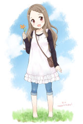 Rule 34 | 10s, 1girl, :d, aoba kokona, bag, barefoot, blush, braid, braided bangs, brown hair, capri pants, dated, flower, full body, hair ornament, hairclip, handbag, happy birthday, head tilt, holding, holding flower, long hair, looking at viewer, open mouth, pants, pants rolled up, red eyes, smile, solo, standing, typo, yama no susume, yukiu con