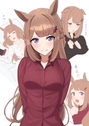 Rule 34 | 1girl, :d, absurdres, aged up, animal ears, arms behind back, blush, breasts, brown hair, commentary request, hair ornament, hairclip, highres, horse ears, horse girl, hukahito, long hair, long sleeves, looking at viewer, medium breasts, multiple views, nintendo switch, open mouth, pajamas, purple eyes, red shirt, shirt, sleeping, smile, solo, sweep tosho (umamusume), translation request, umamusume, upper body, white background