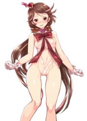 Rule 34 | 10s, 1girl, blush, bow, breasts, brown eyes, brown hair, cleft of venus, gloves, gluteal fold, granblue fantasy, harie (granblue fantasy), harigane shinshi, hat, highres, lace trim, long hair, looking at viewer, medium breasts, mini hat, navel, nipples, open mouth, ribbon, see-through, simple background, smile, solo, uncensored, very long hair, white background, white gloves