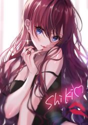 Rule 34 | 1girl, bare shoulders, black camisole, blue eyes, breasts, camisole, character name, cleavage, commentary request, earrings, finger to mouth, hair between eyes, hand to own mouth, heart, highres, ichinose shiki, idolmaster, idolmaster cinderella girls, jewelry, lipstick, lipstick mark, long hair, looking at viewer, magako, makeup, medium breasts, nail polish, parted lips, pinky to mouth, red hair, red nails, ring, small breasts, solo, strap slip, upper body