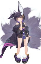 Rule 34 | 1girl, absurdres, aged down, animal ears, animal print, arm behind back, azur lane, bare legs, bare shoulders, barefoot, black hair, black kimono, blush, butterfly print, facepaint, fox ears, fox girl, fox tail, full body, gem, hand up, head tilt, highres, japanese clothes, kimono, kitsune, large ears, legs apart, looking at viewer, medium hair, mohairu (hhooaann), multicolored hair, multiple tails, musashi (azur lane), off shoulder, oversized clothes, parted lips, pom pom (clothes), purple gemstone, purple hair, sandals, short hair, short kimono, solo, standing, staring, tail, two-tone hair, wide sleeves, yellow eyes