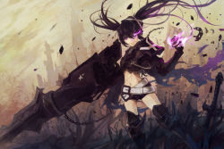 Rule 34 | 10s, 1girl, arm cannon, armor, belt, black footwear, black hair, black rock shooter, black rock shooter (character), black thighhighs, boots, building, chain, dutch angle, fire, flaming eyes, gradient background, huge weapon, insane black rock shooter, leg armor, armored boots, midriff, navel, purple eyes, purple fire, scar, short shorts, shorts, shoulder armor, solo, stflash, sword, thigh boots, thighhighs, twintails, uneven twintails, weapon