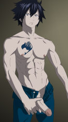 Rule 34 | 1boy, abs, bara, blue eyes, blue hair, denim, fairy tail, gray fullbuster, highres, jeans, male focus, muscular, muscular male, nipples, pants, penis, penis grab, sexyanimes, standing, tattoo, yaoi